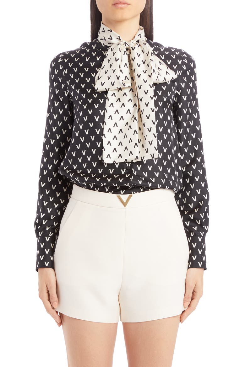 Logo Print Tie Neck Silk Blouse, Main, color, NERO/ AVORIO