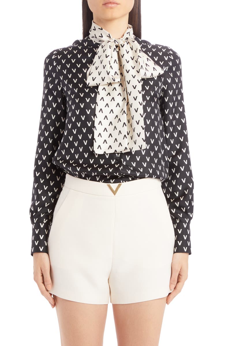 Valentino Logo Print Tie Neck Silk Blouse, Main, color, 