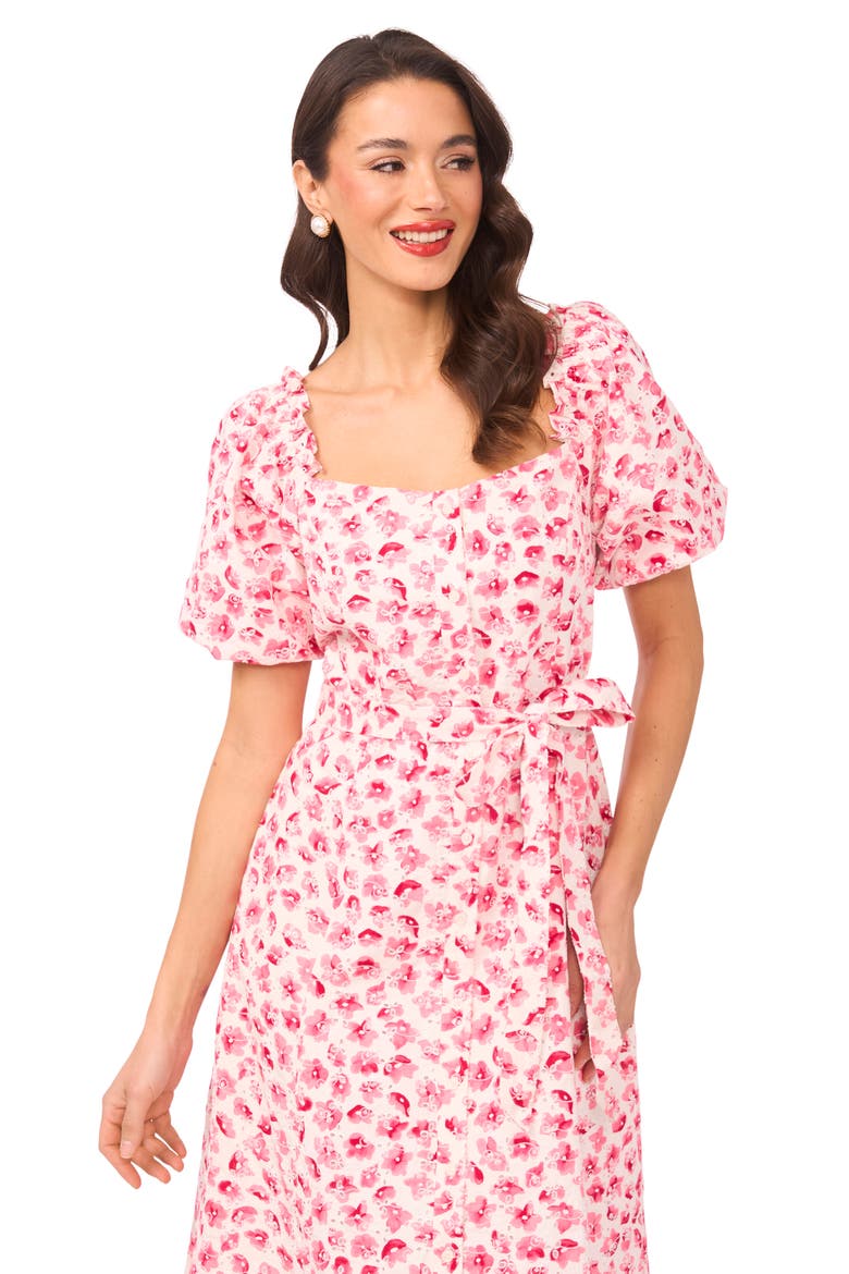 Floral Puff Sleeve Cotton Midi Dress, Alternate, color, ROSE CERISE