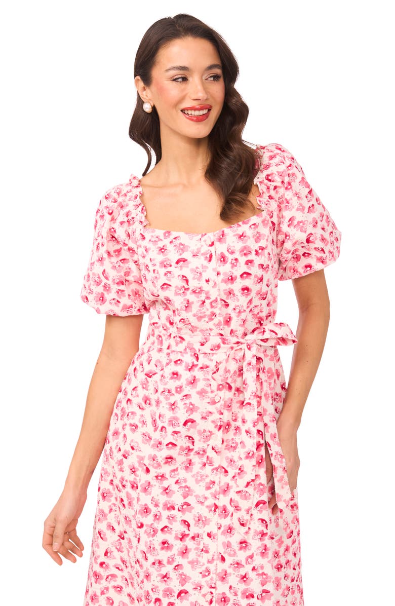 CeCe Floral Puff Sleeve Cotton Midi Dress, Alternate, color, Rose Cerise