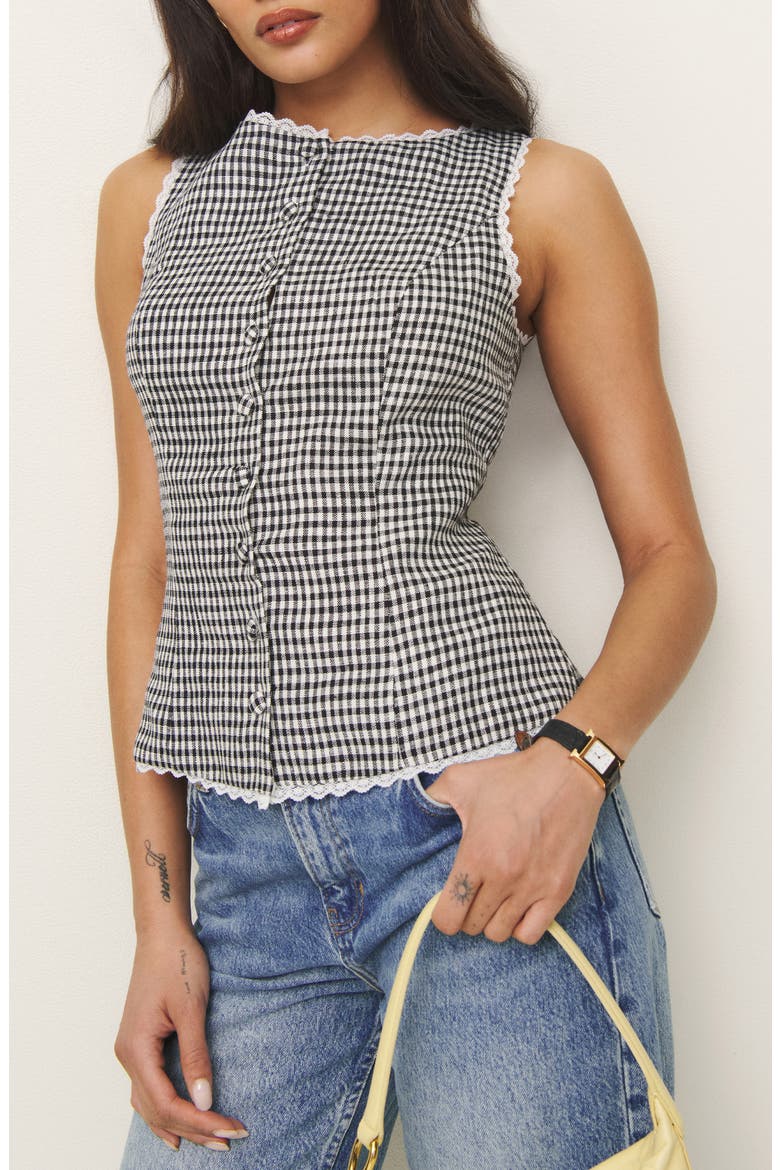 Amela Linen Button-Up Top, Main, color, REMY CHECK