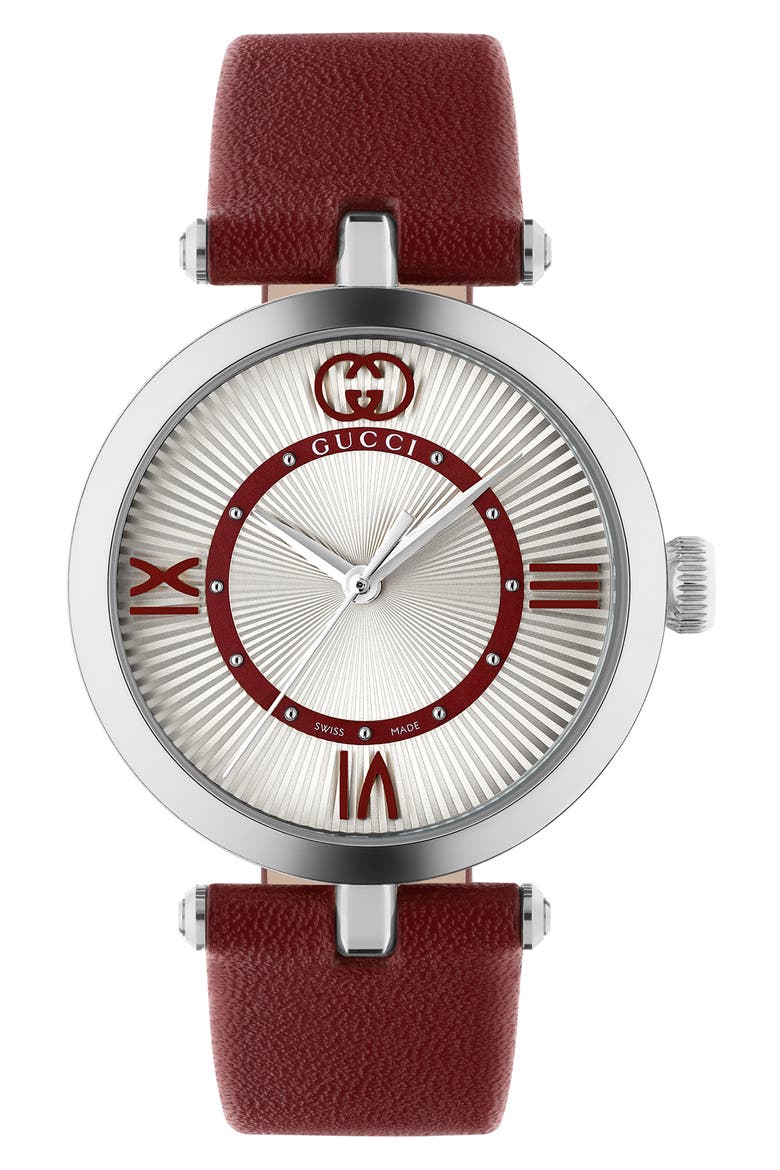Model 2000 Leather Strap Watch, 30.5mm, Alternate, color, BURGUNDY/ SILVER