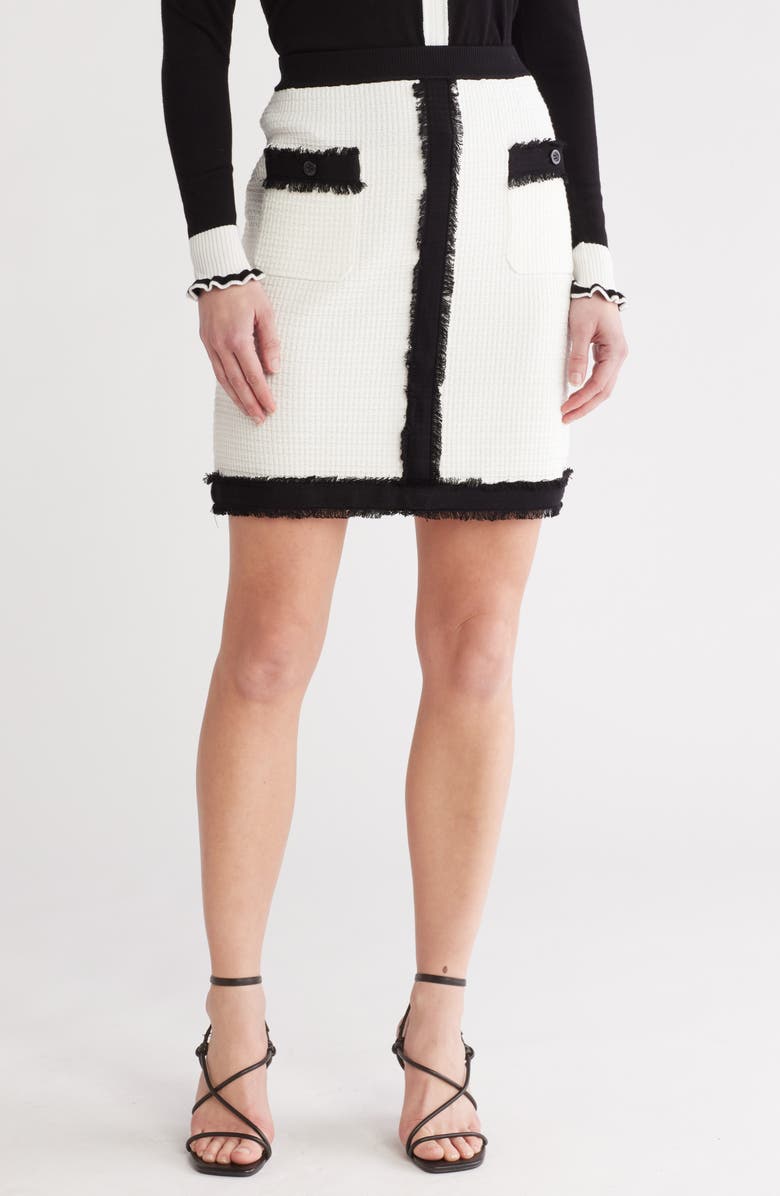 Adrianna Papell Fringe Trim Tweed Miniskirt, Main, color, Ivory/ Black
