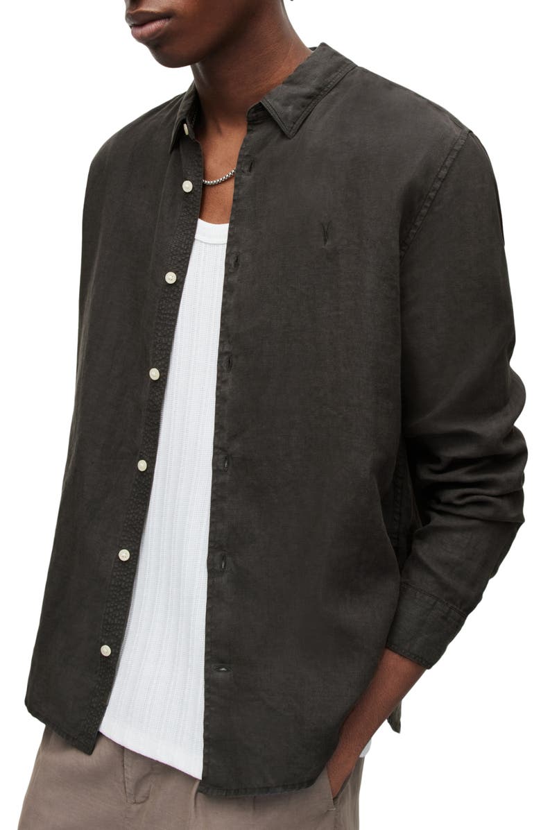 AllSaints Cypress Slub Linen Button-Up Shirt, Alternate, color, Washed Black
