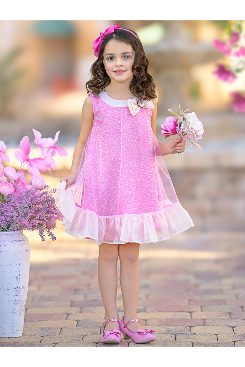 Girls Glittery  Bow Sequin Ruffle Dress, Alternate, color, Pink