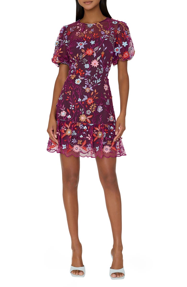 Milly Yasmin Floral Embroidered Puff Sleeve Mesh Fit & Flare Dress, Main, color,