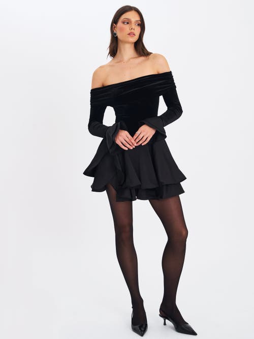 Miss Circle Magnolia Off-shoulder Layered Satin Mini Dress In Black