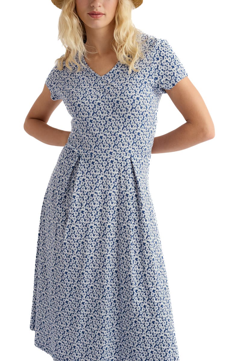 Seasalt Cornwall Pier View Floral Print Flare Stretch Organic Cotton Dress, Alternate, color, Cornflowers Dark Voyage