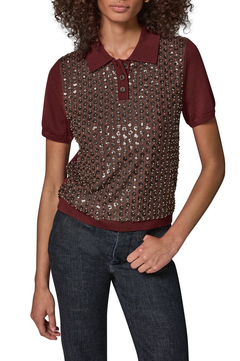 Sequin Floral Short Sleeve Polo Sweater, Main, color, BK CHRRY/ E