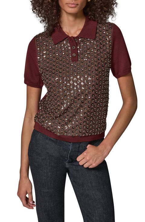 Sequin Floral Short Sleeve Polo Sweater