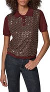 Donna Karan New York Sequin Floral Short Sleeve Polo Sweater