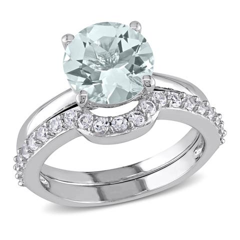 Aquamarine Solitaire Bridal Ring Set 10k