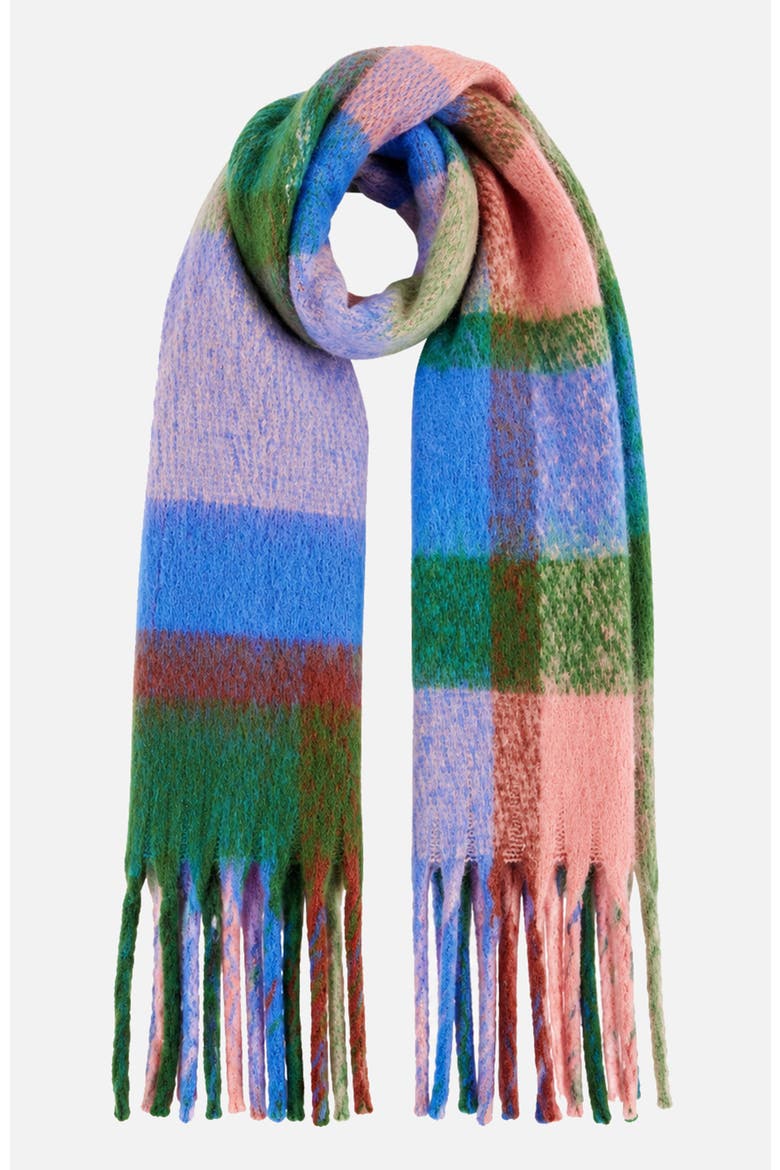 Oversize Fringe Checked Scarf, Main, color, Blue