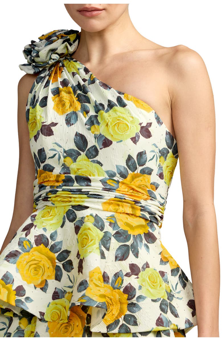 Mac Duggal Floral One Shoulder Charmeuse Tiered Midi Dress, Alternate, color, Yellow Rose