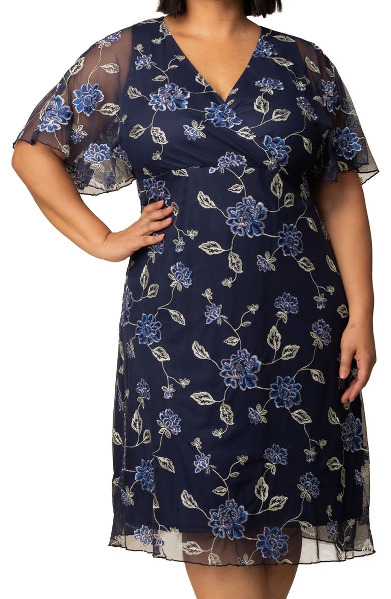 Kiyonna Sonnet Embroidered Midi Dress, Alternate, color, Navy Blue Blooms