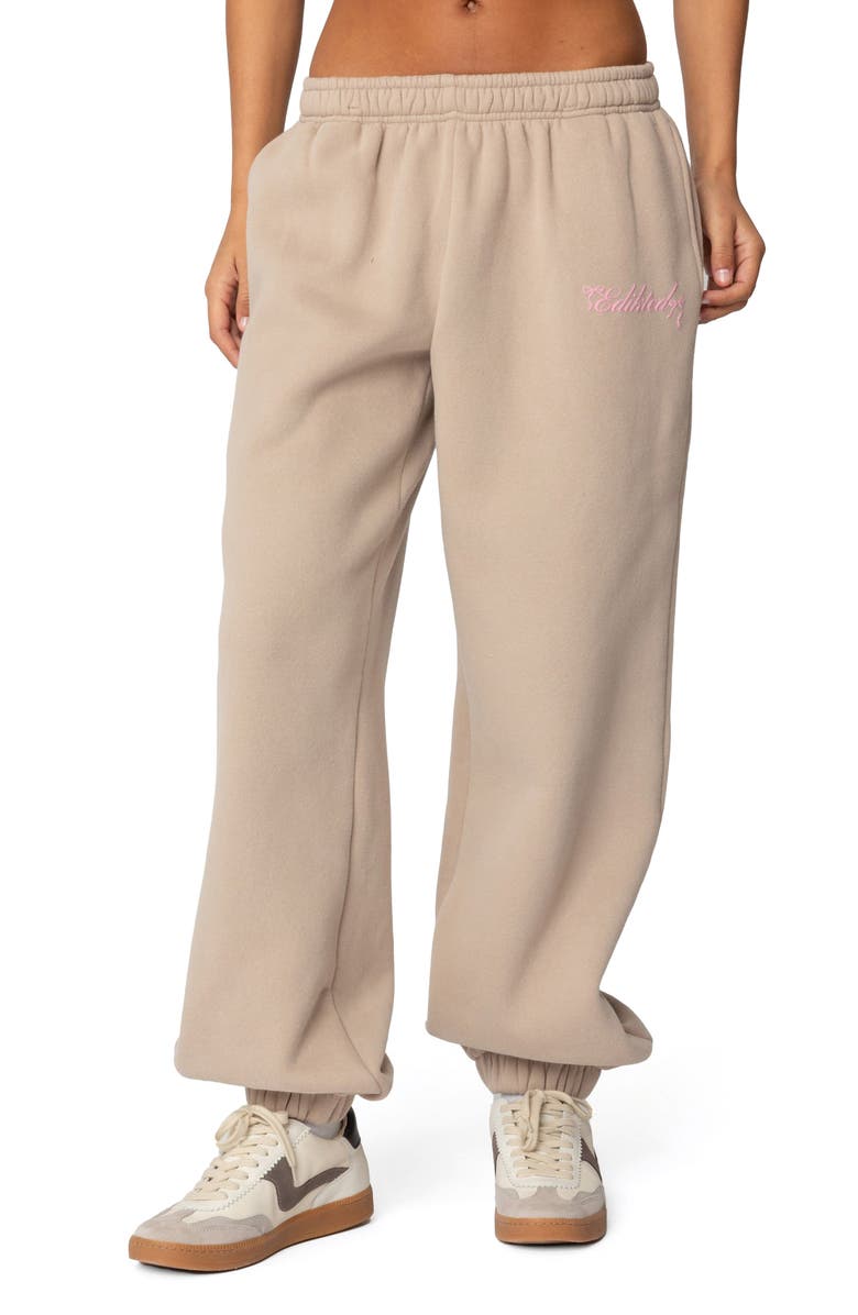 EDIKTED Sasha Bow Detail Sweatpants, Main, color, Beige