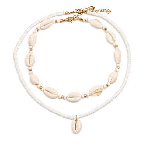 Two-Piece Genuine Cowrie Shell and Beaded Pendant Necklace Set