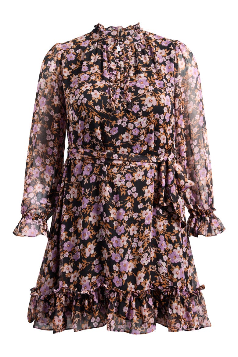 Floral Print Tie Waist Long Sleeve Dress, Alternate, color, RICH BLACK