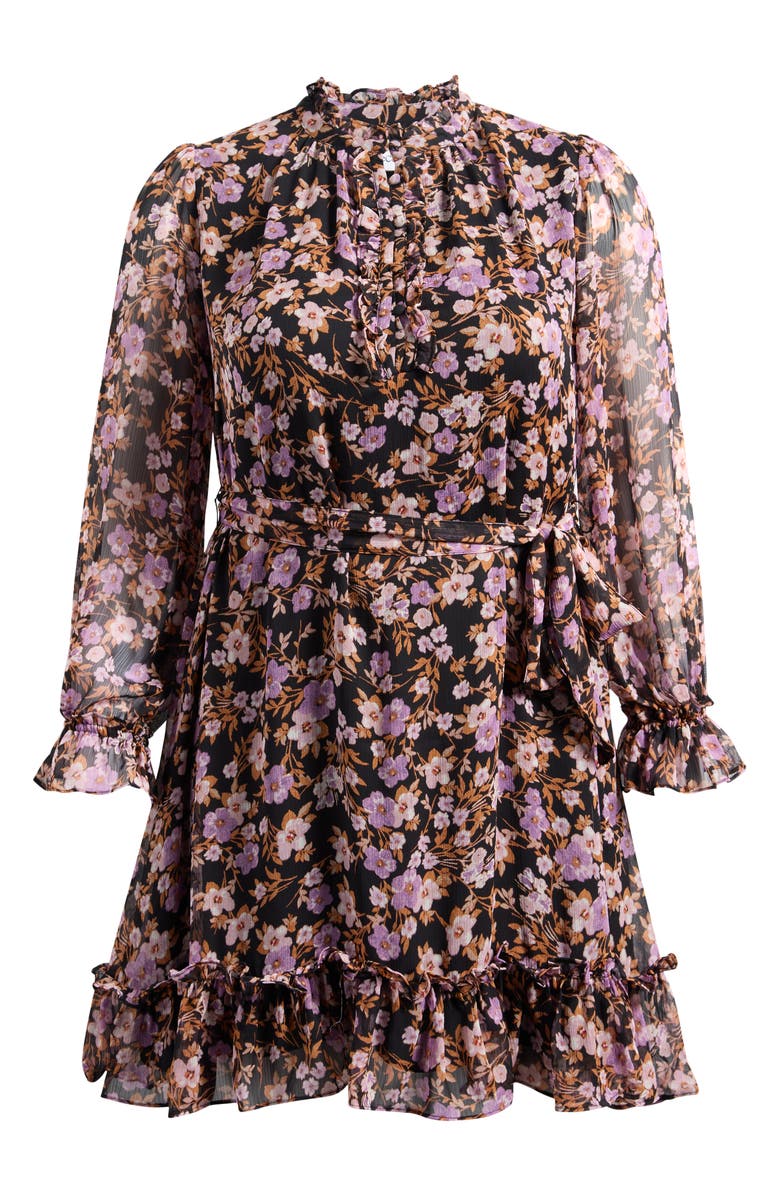 CeCe Floral Print Tie Waist Long Sleeve Dress, Alternate, color, Rich Black