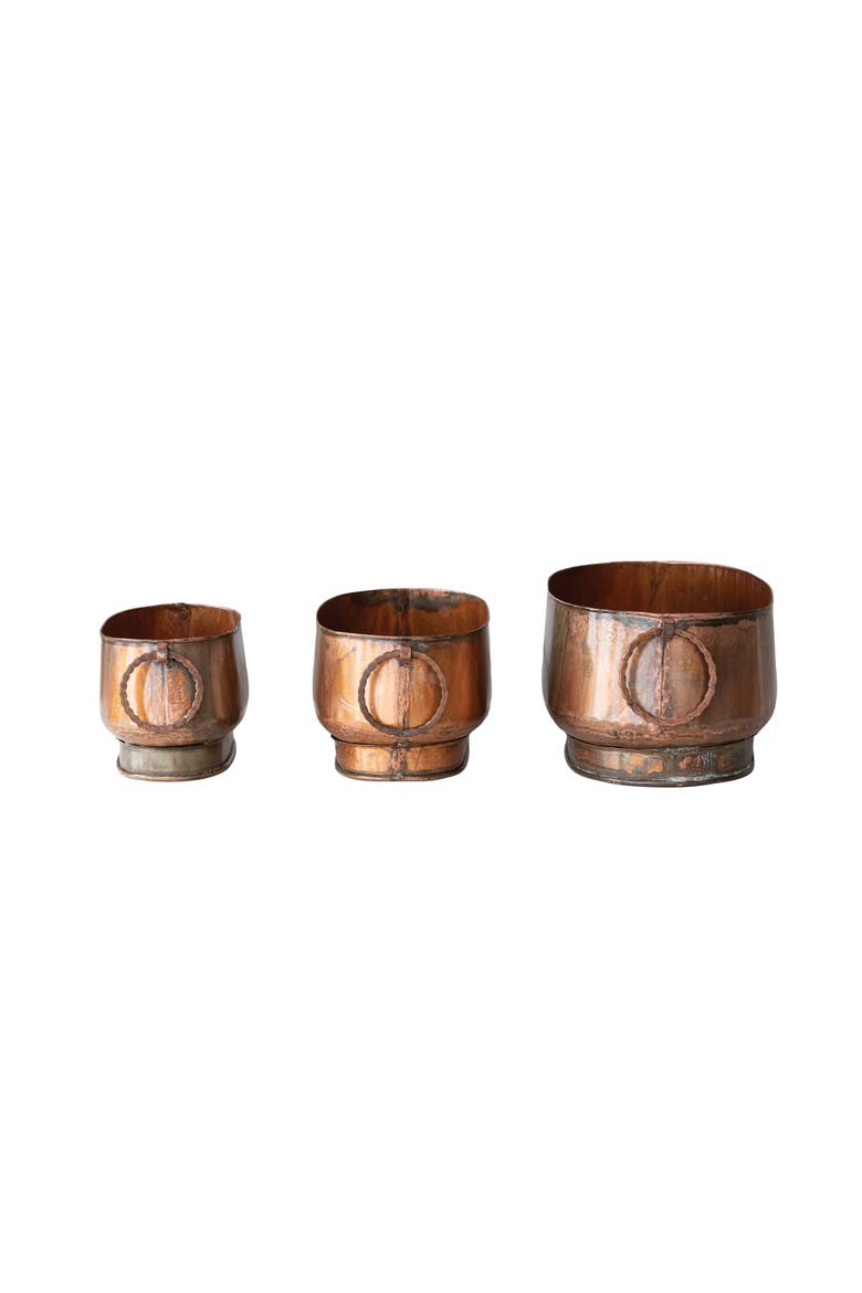3-Piece Oval Metal Planters with Ring Handles, Main, color, Copper