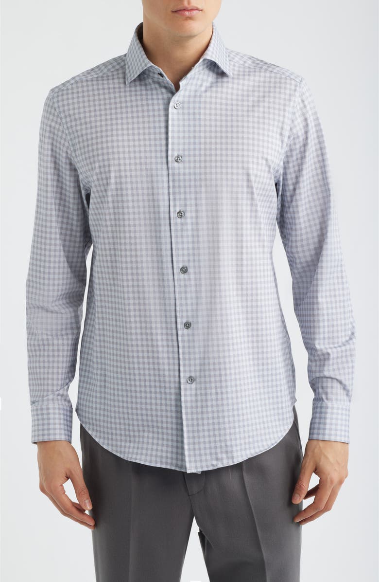 Bugatchi Devon OoohCotton<sup>®</sup> Gingham Check Button-Up Shirt, Main, color, Platinum