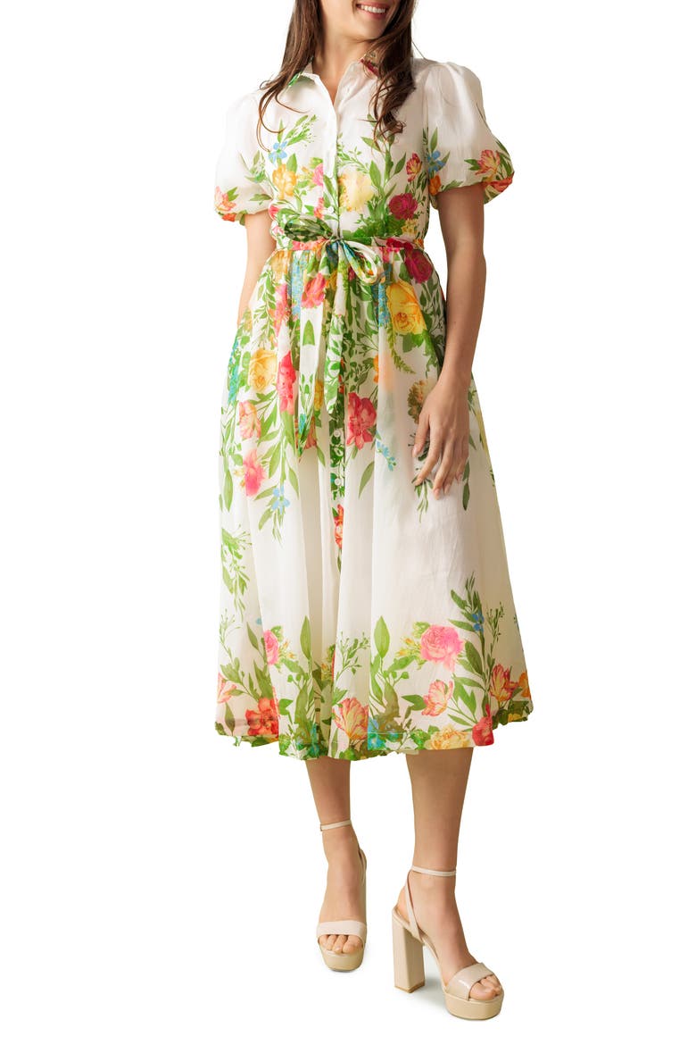 Floral Short Sleeve Midi Shirtdress, Main, color, IVORY
