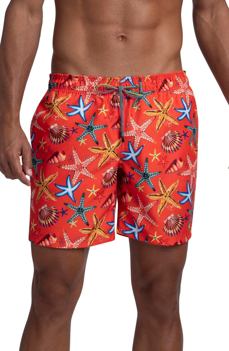 Bugatchi Starfish Shell Print Swim Trunks, Main, color, Tangerine