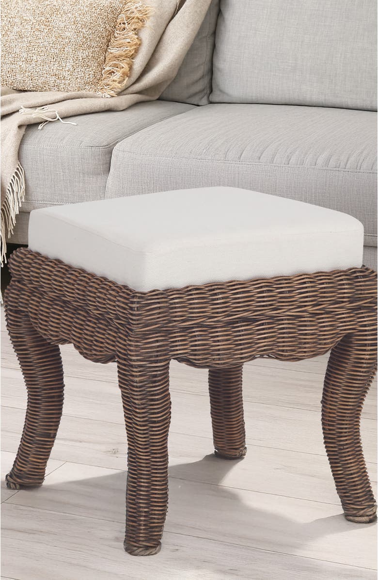 JONATHAN Y Rowan 19.7" Bohemian Designer Woven Rattan/Wood Ottoman Vanity Stool, White Cushion Seat, Alternate, color, Black Wash