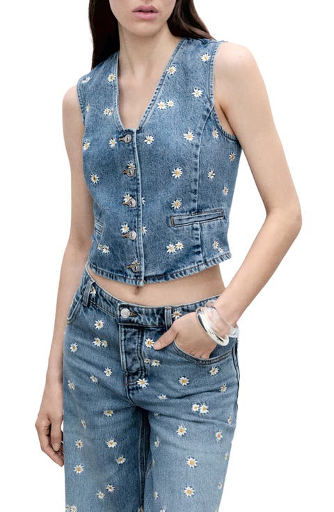 Massy Daisy Embroidered Denim Crop Vest