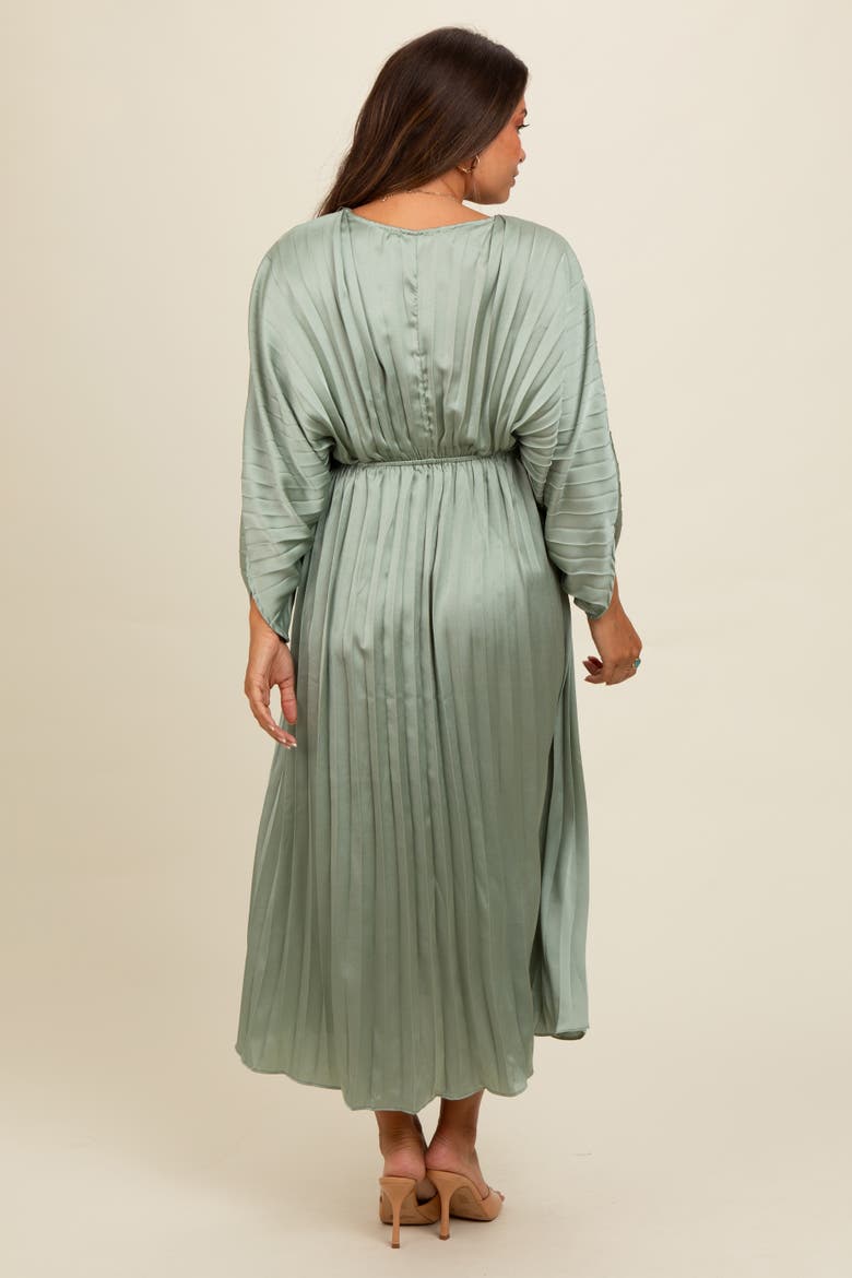 Satin Pleated V-Neck Maxi Dress, Alternate, color, Light Olive