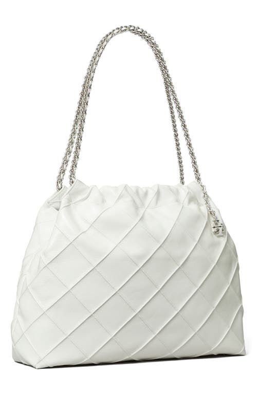 Tory Burch Fleming Distressed Quilted Leather Hobo Bag In Blanc