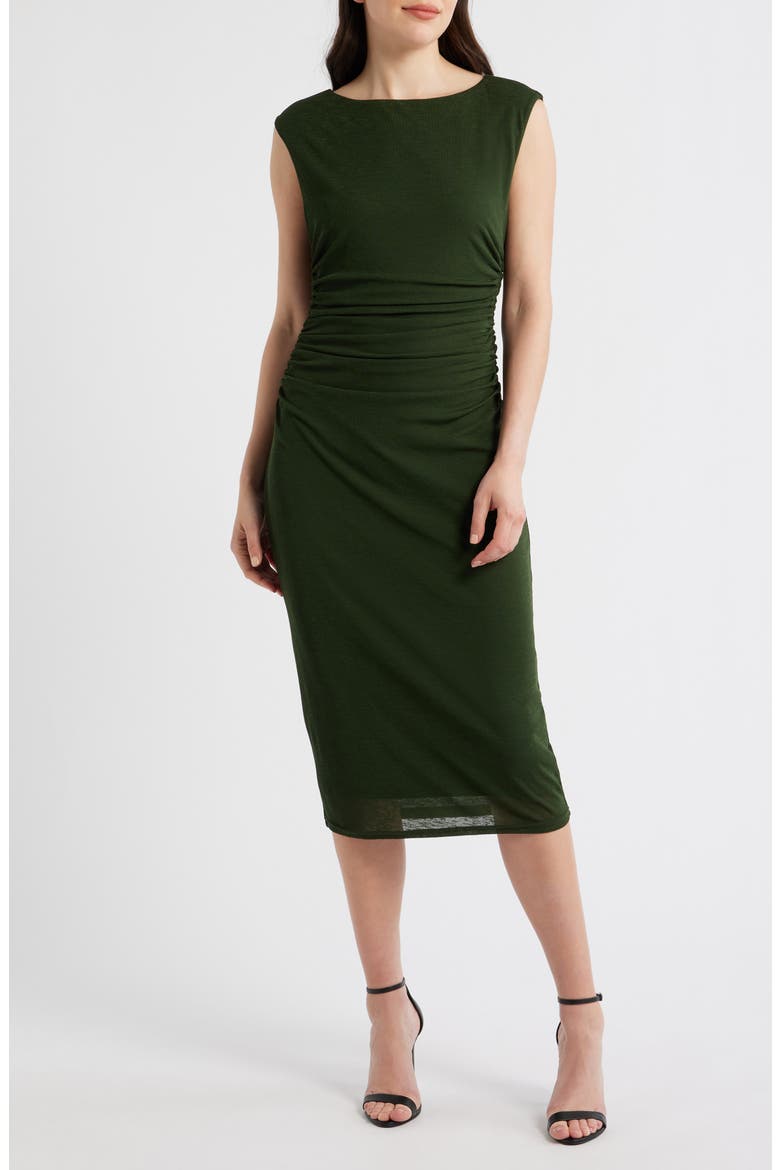 Sleeveless Ruched Waist Jersey Midi Dress, Main, color, FOREST GREEN