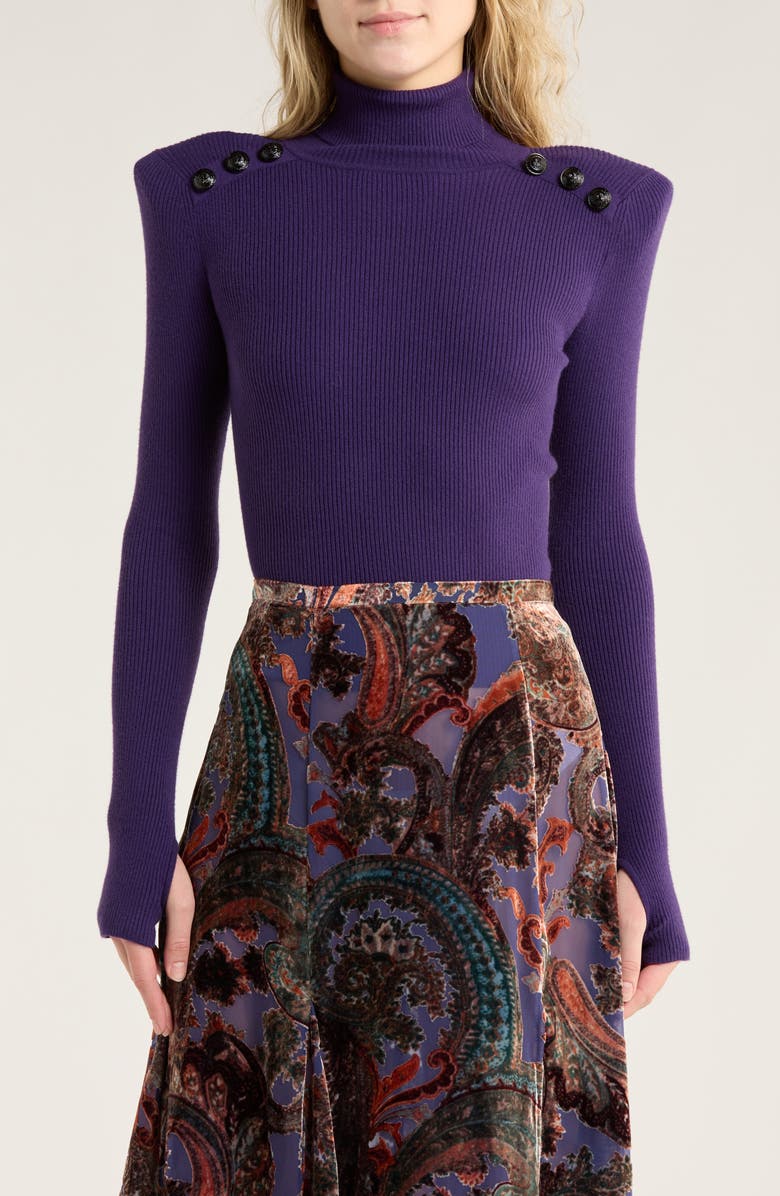L'AGENCE Reeves Button Shoulder Rib Turtleneck Top, Main, color, Deep Purple/Black