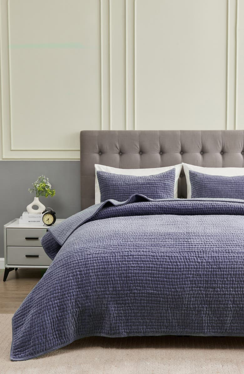 MELANGE HOME Tamara Velour Quilt 3-Piece Set, Alternate, color, Violet