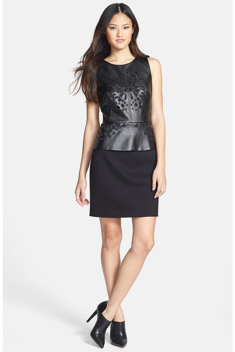 Cutout Faux Leather Peplum & Ponte Sheath Dress, Main, color, BLACK
