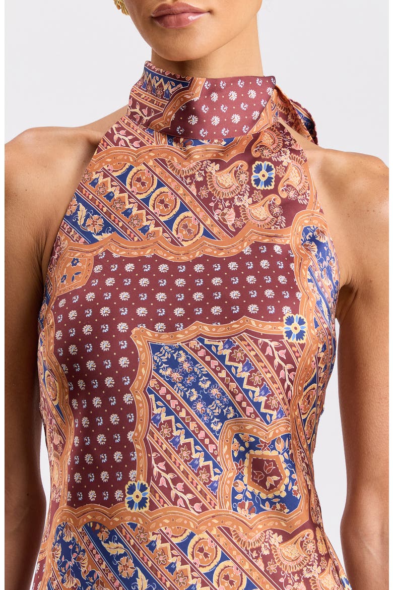 Scarf Print Halter Neck Satin Maxi Dress, Alternate, color, COGNAC MEDALLION SCA