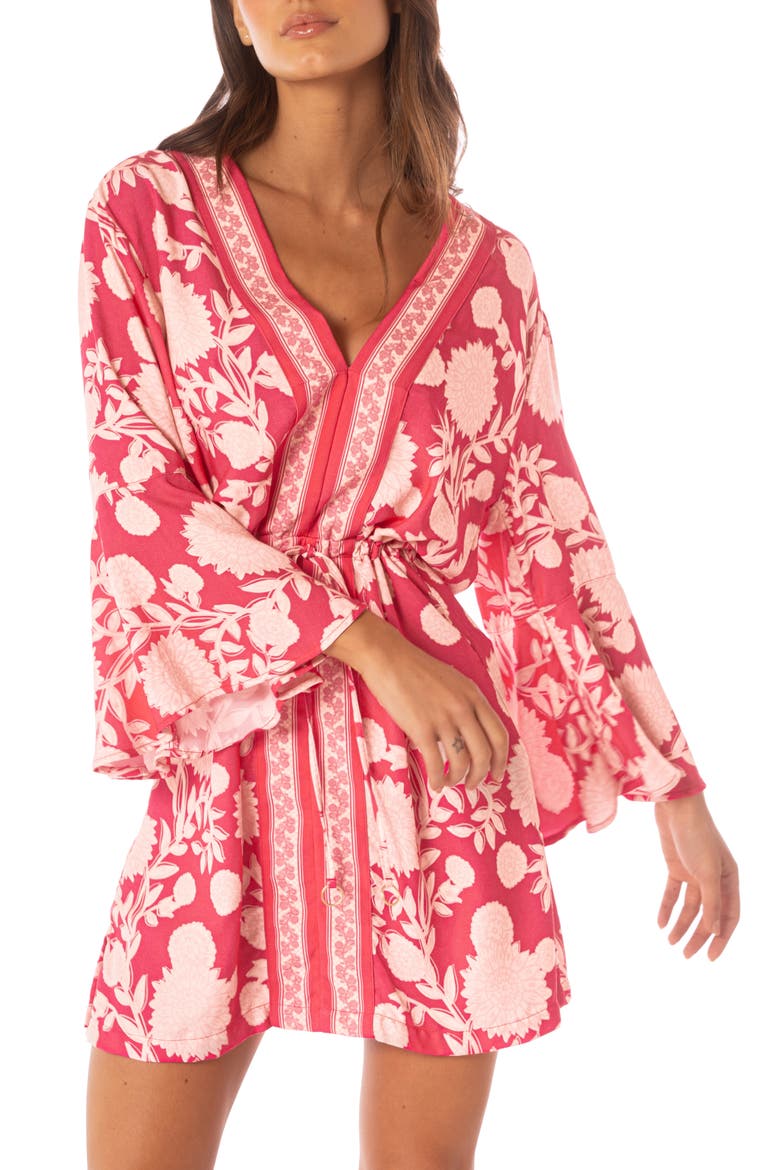 Candy Flowery Joy Long Sleeve Cover-Up Mini Sundress, Alternate, color, BRIGHT RED