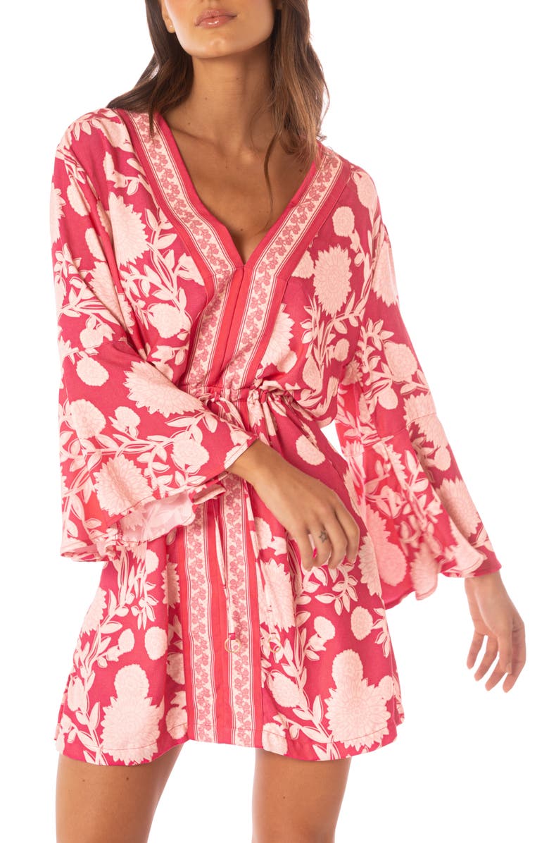 Maaji Candy Flowery Joy Long Sleeve Cover-Up Mini Sundress, Alternate, color, Bright Red
