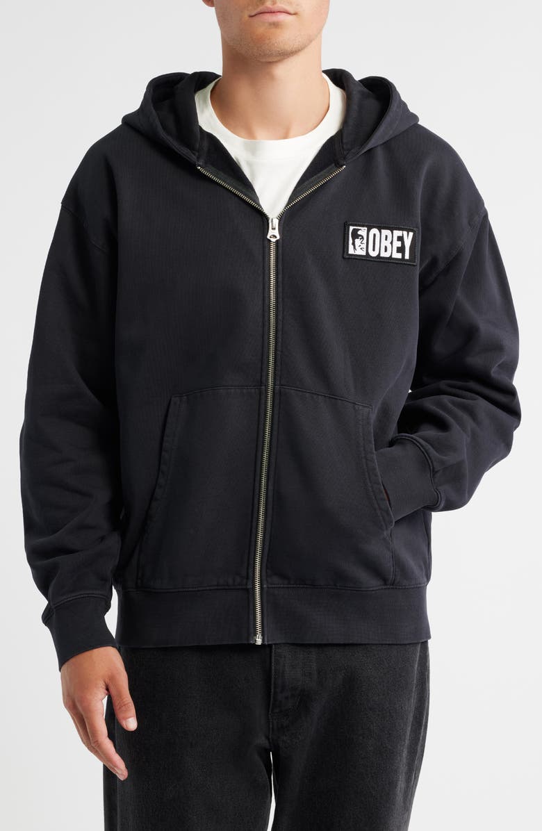 Obey Margin Faded Zip Hoodie, Alternate, color, Digital Black Faded Wash