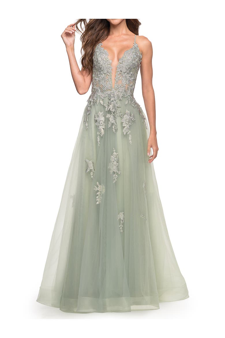 Tulle A-line Dress with Jeweled Lace Appliques, Main, color, Sage