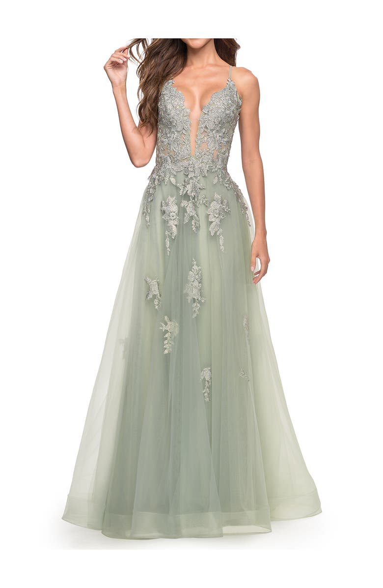 La Femme Tulle A-line Dress with Jeweled Lace Appliques, Main, color, Sage
