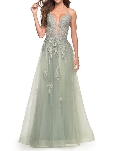 Tulle A-line Dress with Jeweled Lace Appliques
