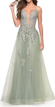 La Femme Tulle A-line Dress with Jeweled Lace Appliques
