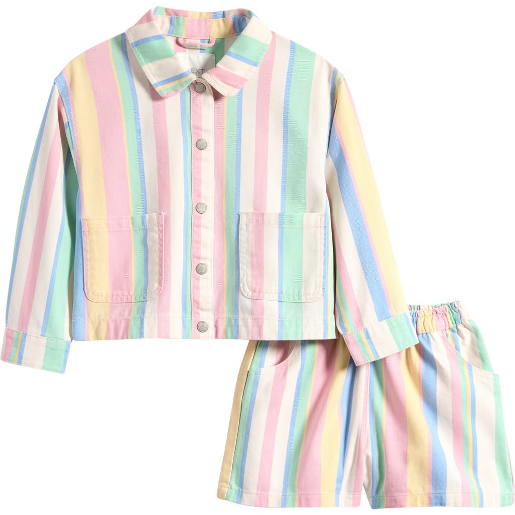 Next Kids' Stripe Cotton Snap-up Jacket & Shorts Set In Green