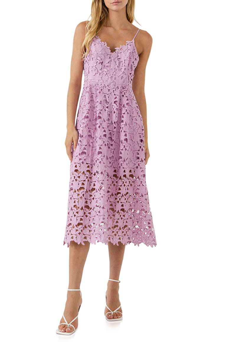 Lace Spaghetti Strap Midi Dress, Main, color, LILAC