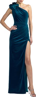 Mac Duggal One Shoulder Velvet Gown With 3D Flower