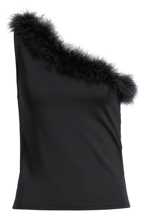 Xplumi Feather Trim One-Shoulder Top