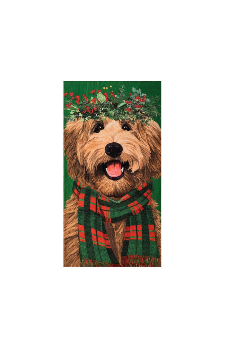 Holiday Labradoodle with Scarf and Crown Wreath Towel, Main, color, Green