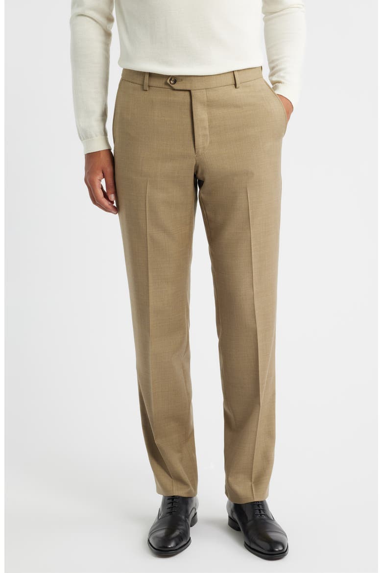 Flat Front Tan Super 120s Wool Dress Pants, Main, color, DARK TAN