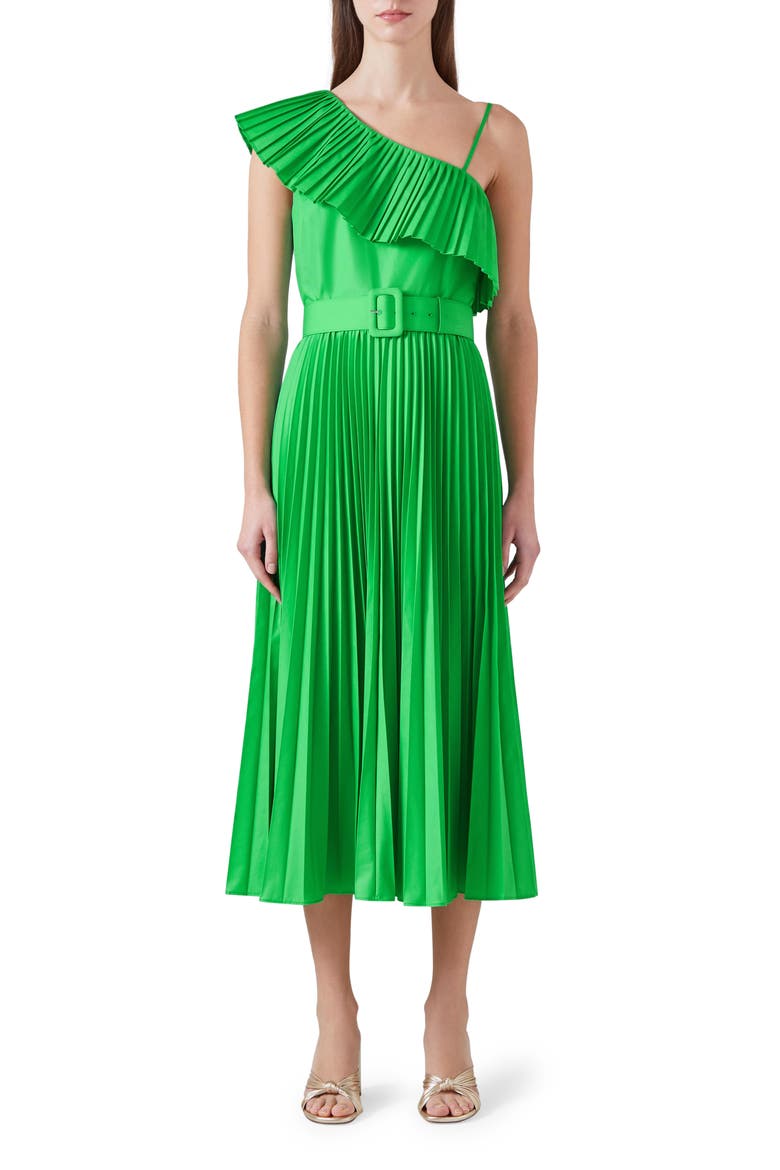Josephine Pleated Belted One-Shoulder Midi Dress, Main, color, GREEN